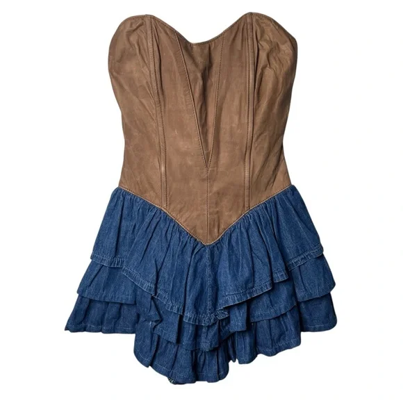 Vintage Danna Strapless Leather and Denim Drop Waist Ruffle Tiered Mini Dress - Picture 1 of 7